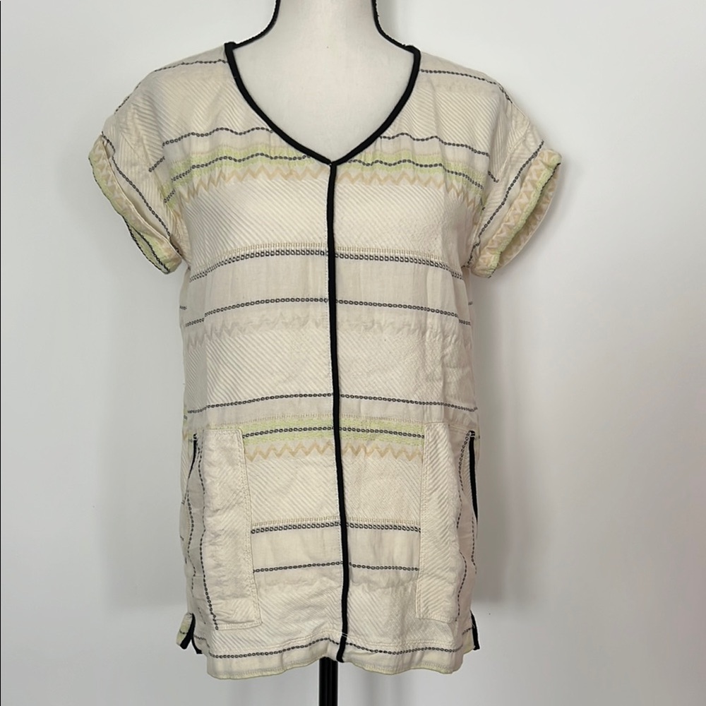 Women's Cream and Black V-Neck Top XS 100% Cotton by Lou & Grey